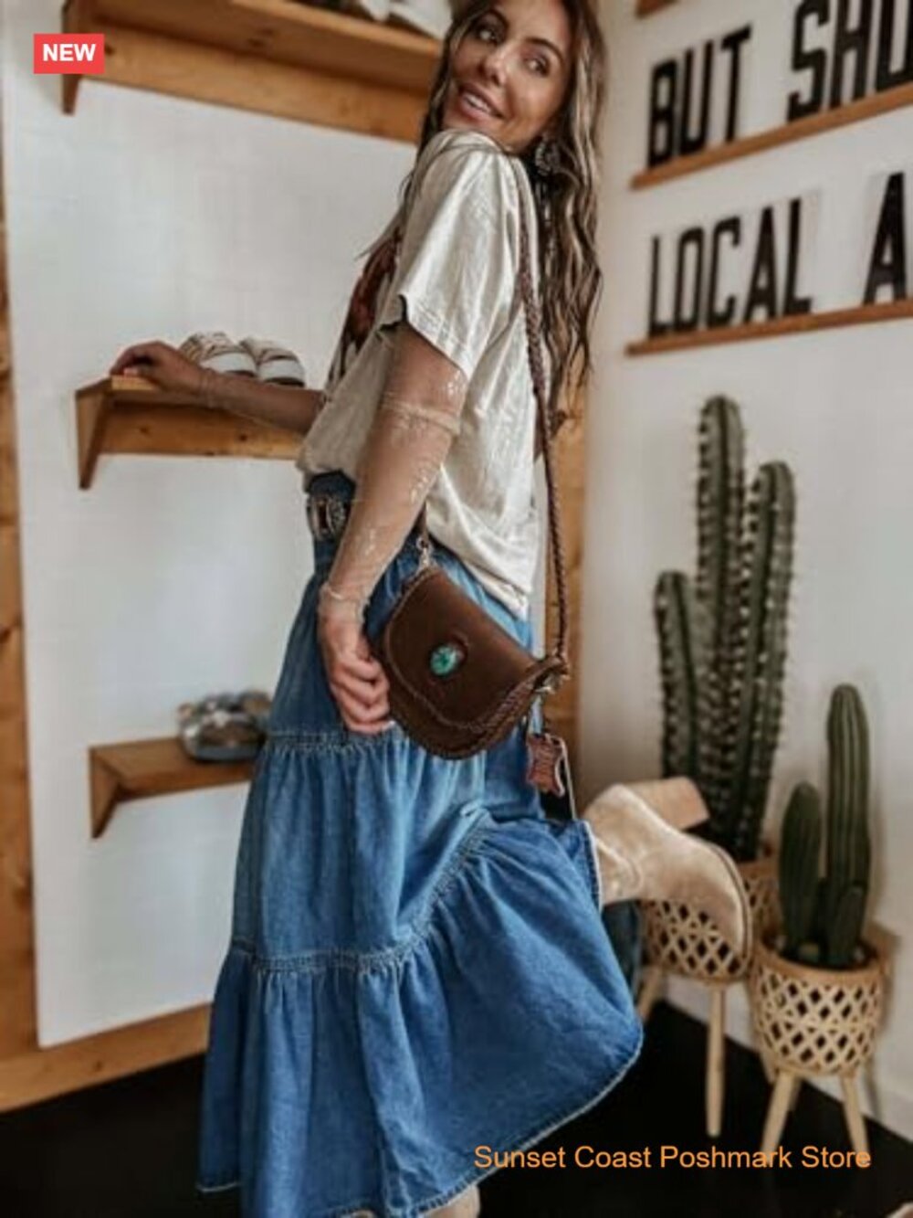 High Rise Button-Fly Tiered Ruffle A-Line Denim Maxi Skirt with Pockets - Picture 4 of 7